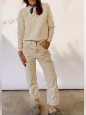 Hey Gang Cream Double Knee Patch Utility Workwear Jeans Sz 32 (36x31)